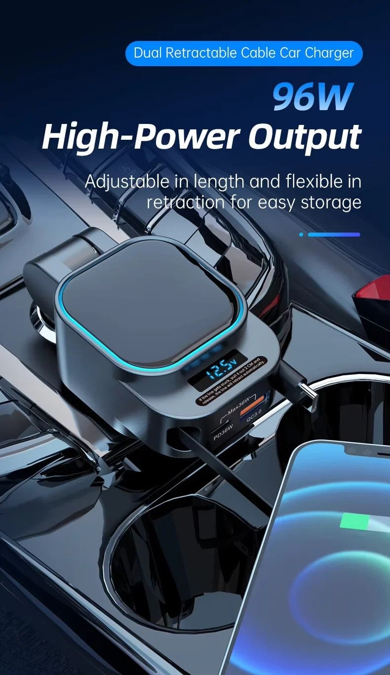 Bluejw SC07 96W 4-in-1 Dual Retractable Car Charger, USB C Fast Charging Adapter, QC3.0 & PD, LED Display, Automobile Phone Charger - Image 5